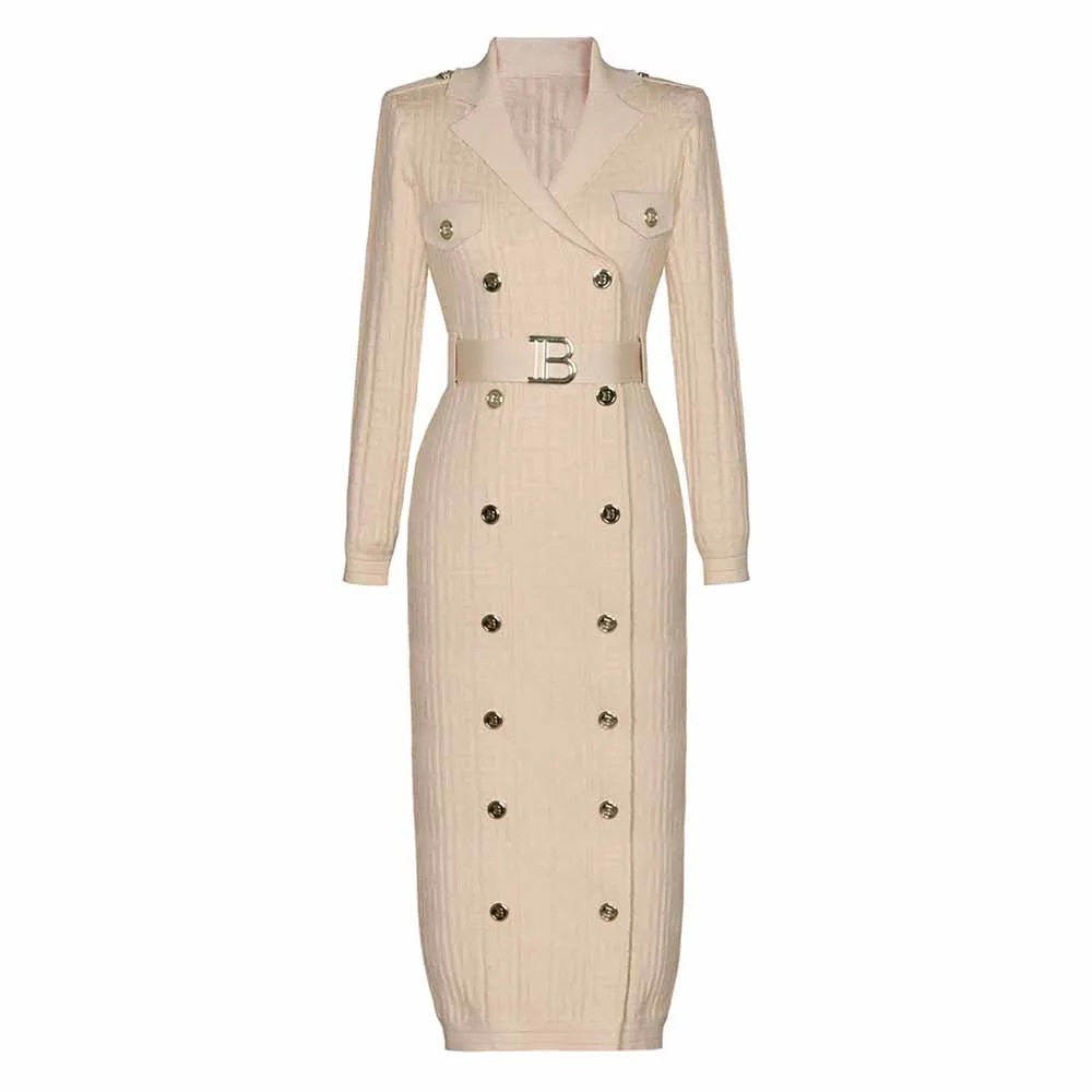 Long Sleeve Knitted V-Neck Midi Dresses With Belt