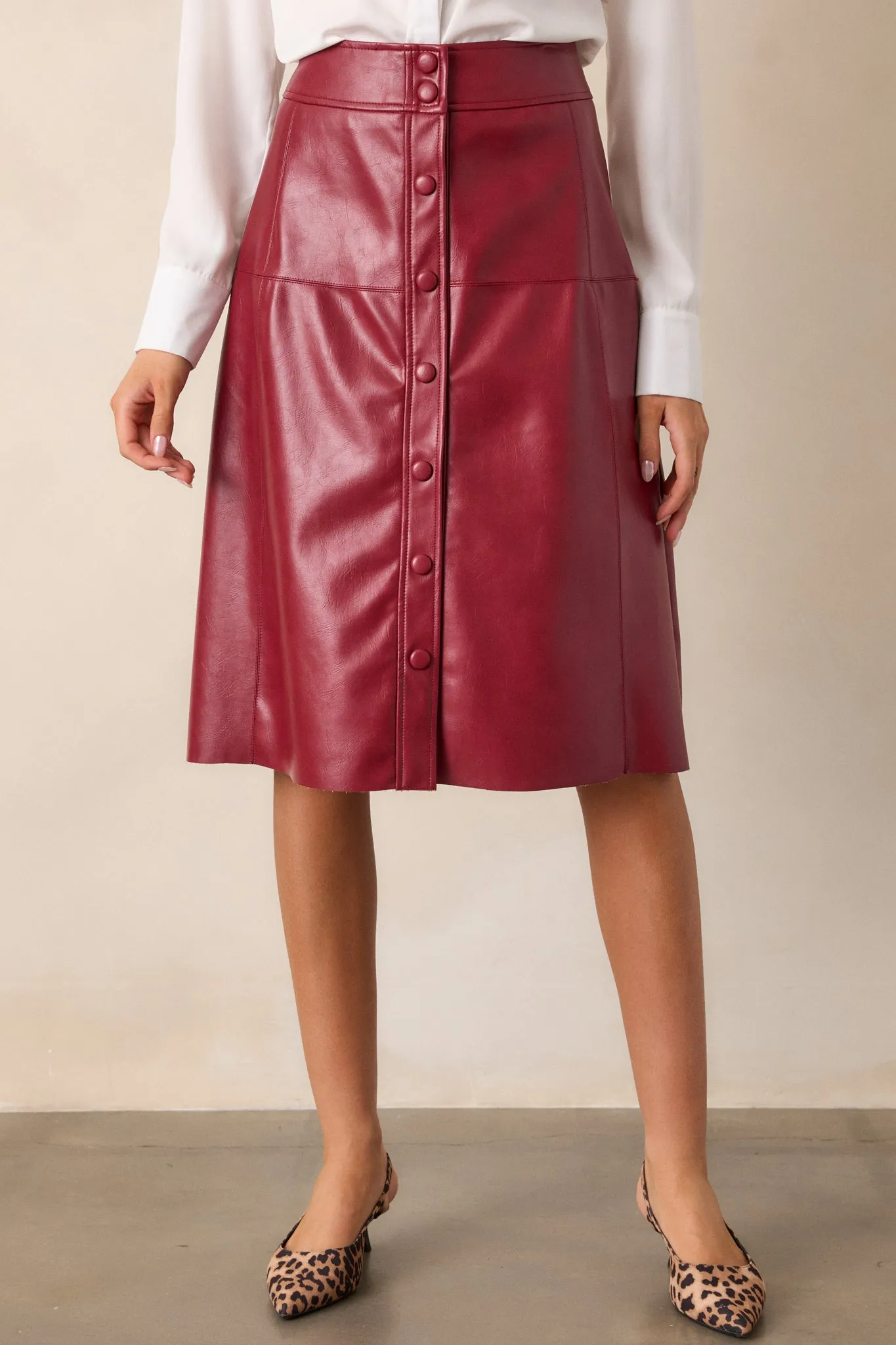 Make It Count Burgundy Faux Leather Midi Skirt