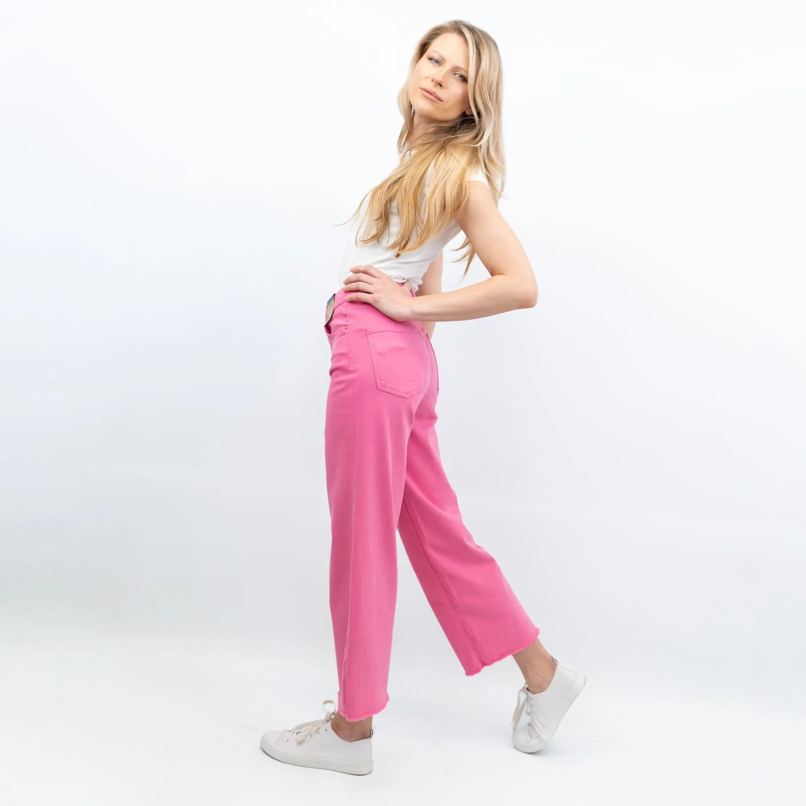 M&S High Waisted Crop Wide Leg Pink Denim Jeans