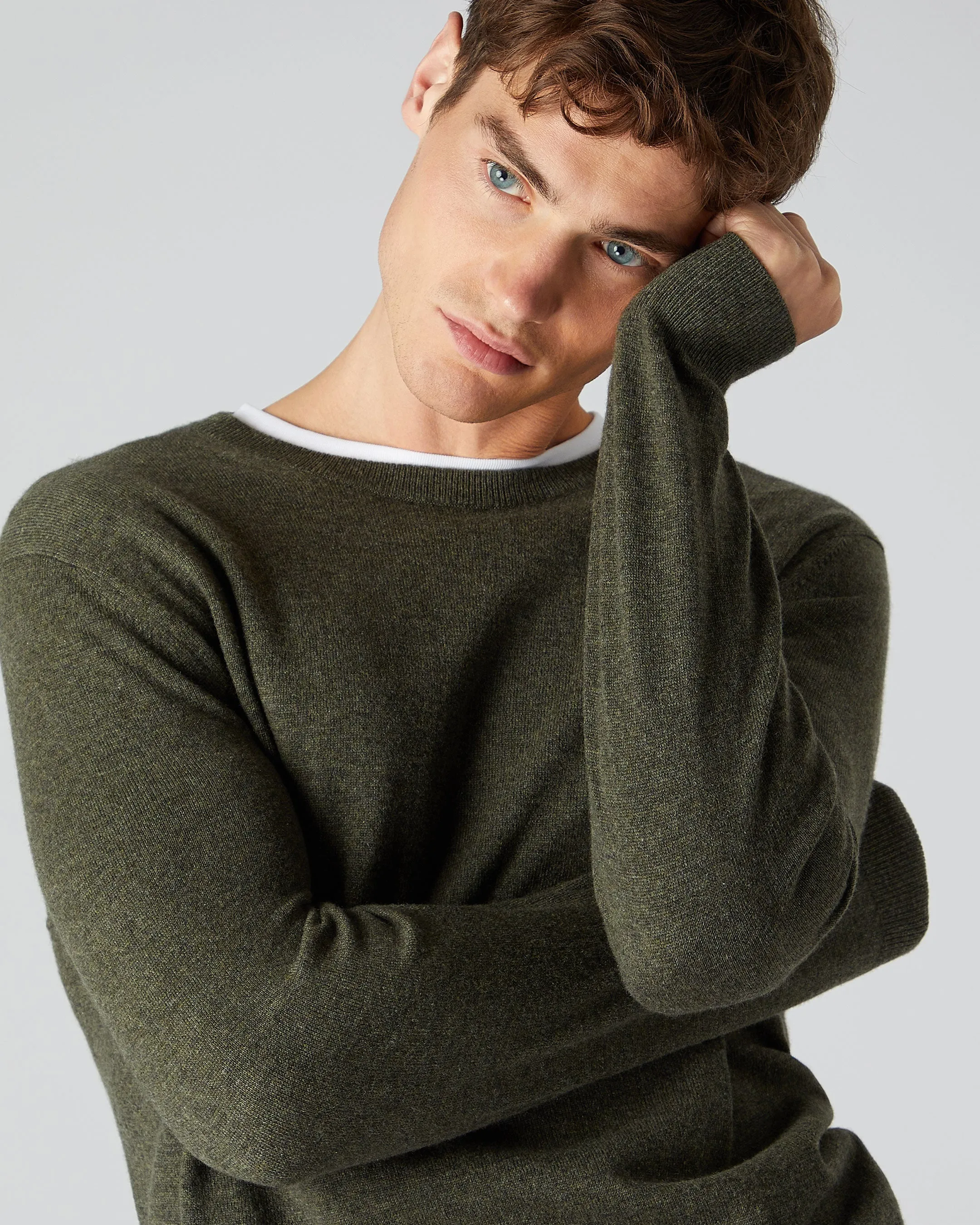 Men's Oxford Round Neck Cashmere Jumper Moss Green