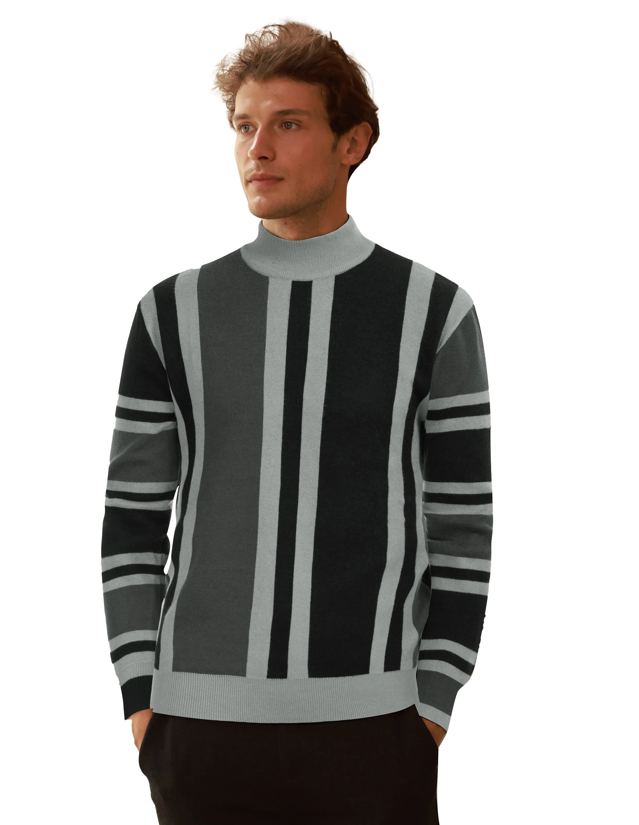 Mens Vintage Stripes Pullover Stand Collar Mockneck Jumper Sweater