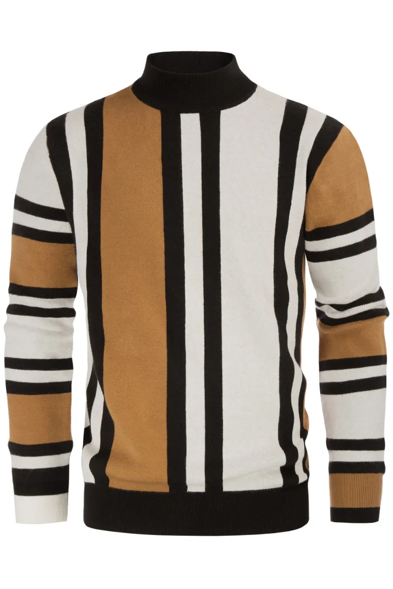 Mens Vintage Stripes Pullover Stand Collar Mockneck Jumper Sweater