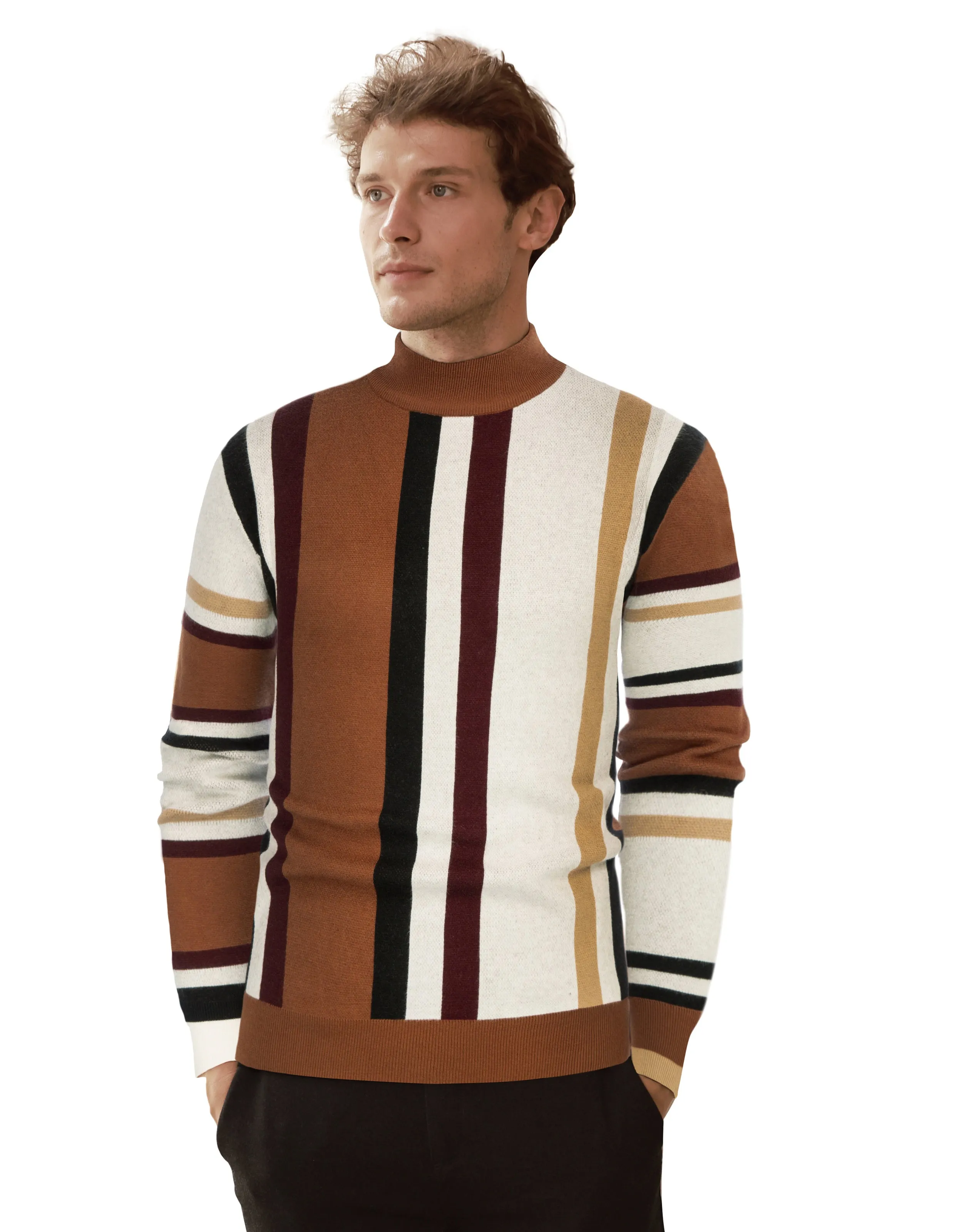 Mens Vintage Stripes Pullover Stand Collar Mockneck Jumper Sweater