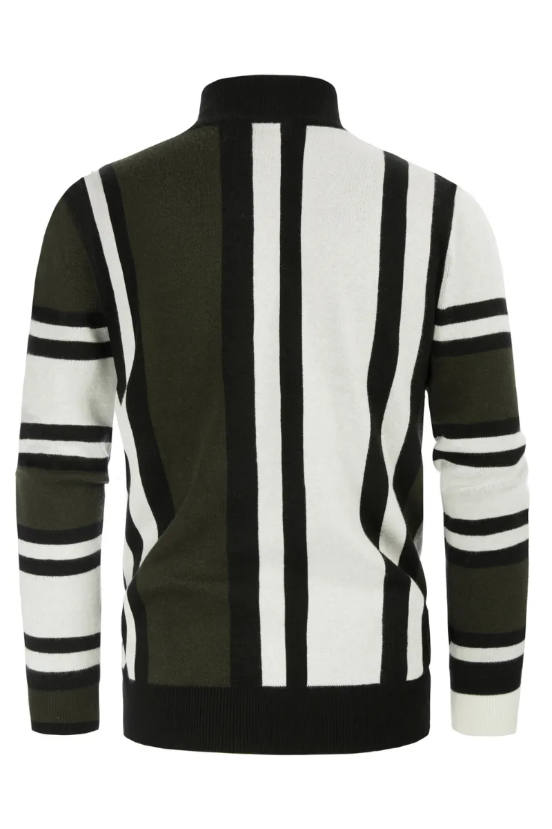 Mens Vintage Stripes Pullover Stand Collar Mockneck Jumper Sweater