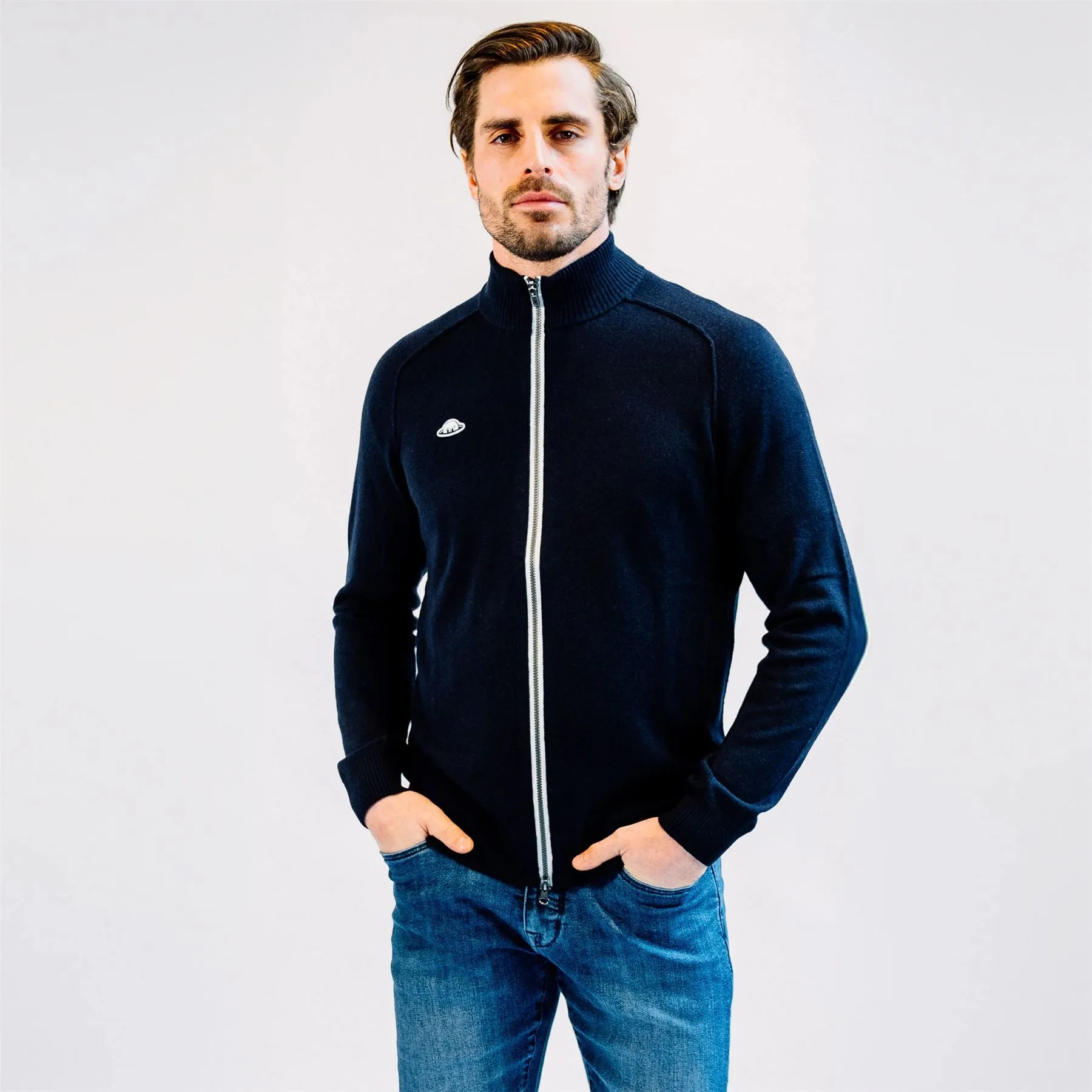 Merino Cashmere Blend Zip Cardigan Navy - 2024