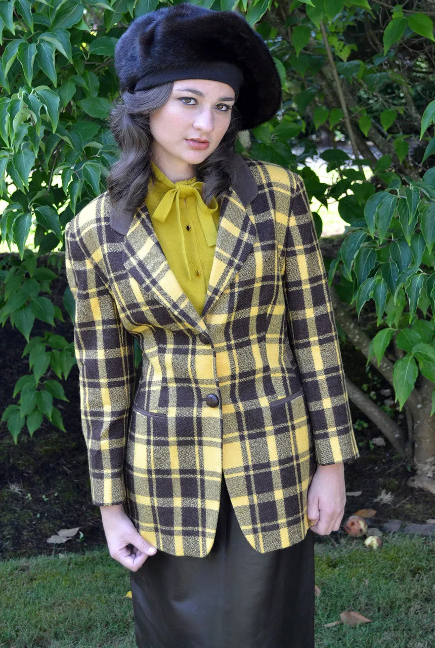 Mondi mustard plaid vintage blazer with suede elbow patches