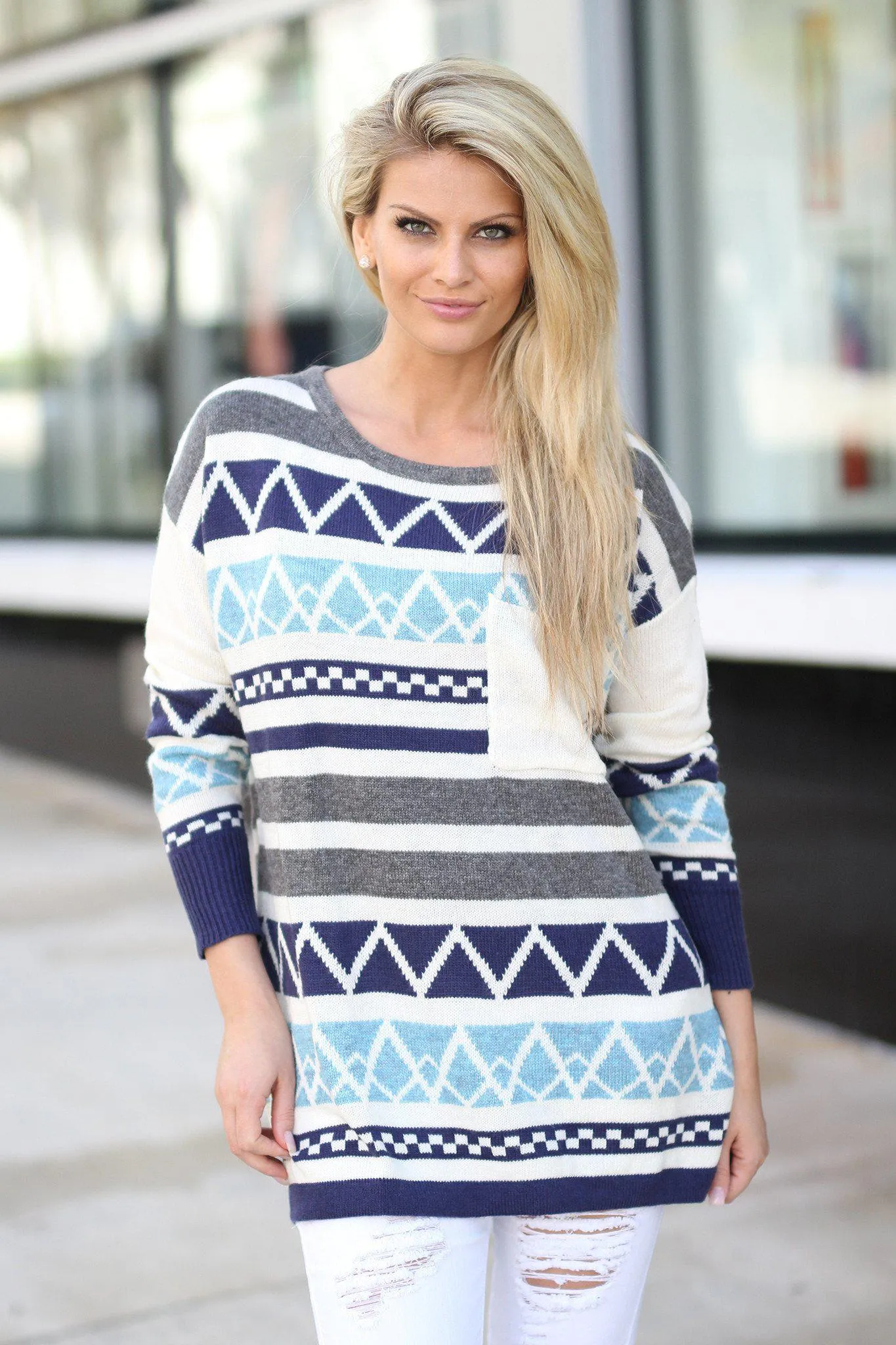 Navy Printed Sweater With Pocket