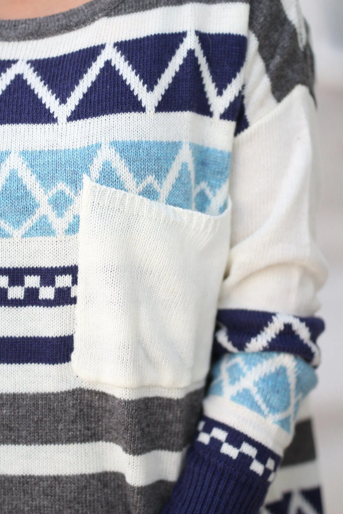 Navy Printed Sweater With Pocket