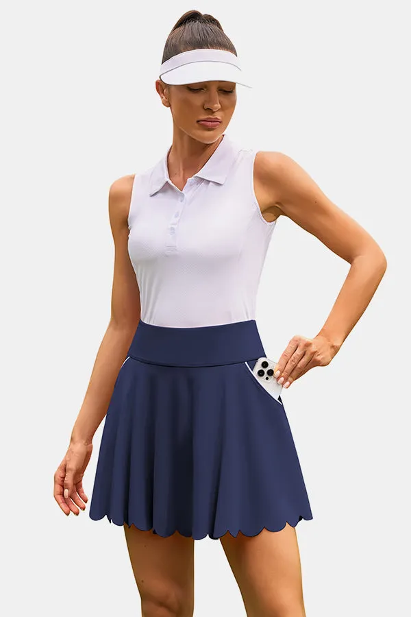 Navy Scalloped High Waist Colorblock Pockets Tennis Skirt