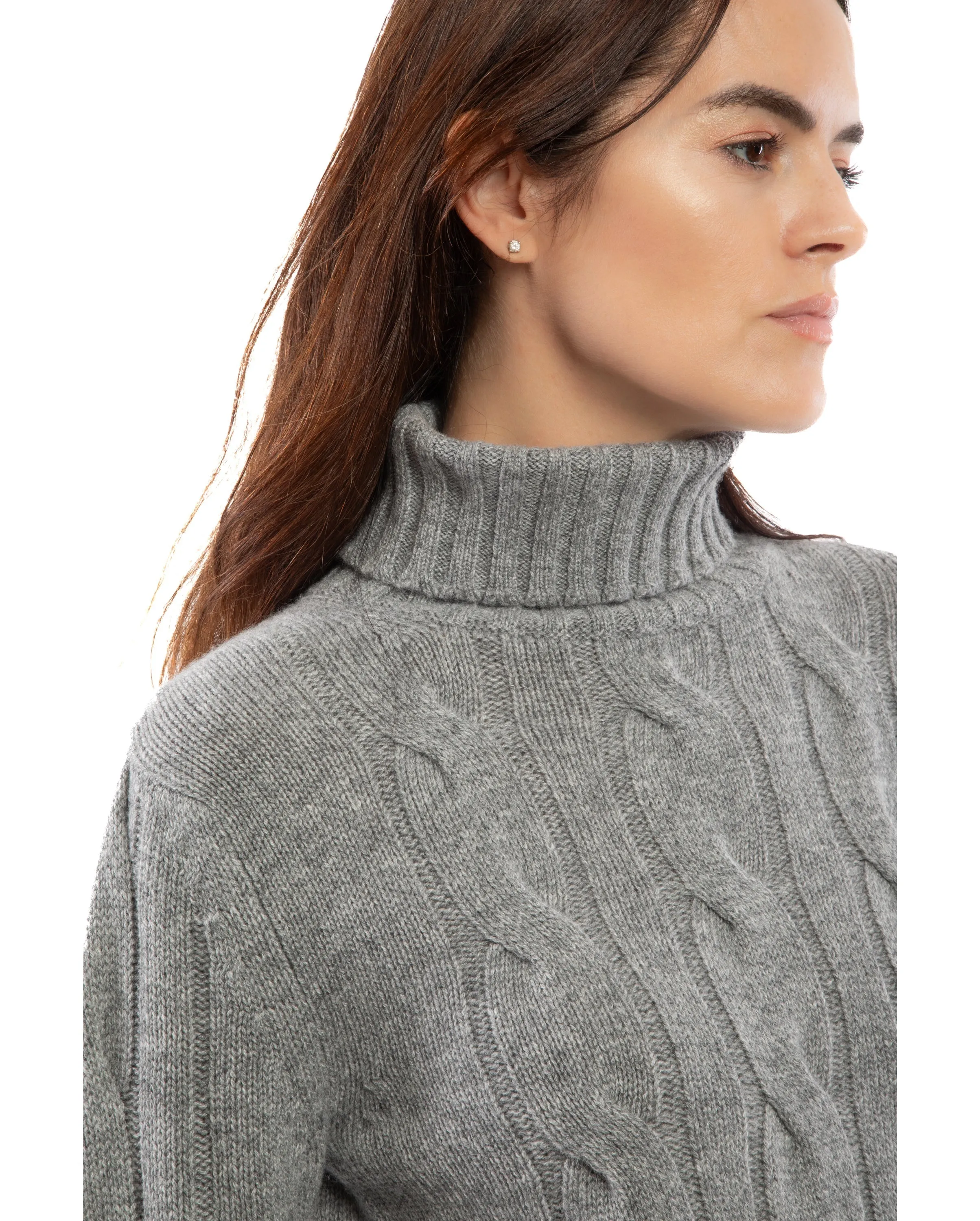 NEW FALL 24 - Women's Pure Cashmere Cable Knit Turtleneck Sweater Taupe