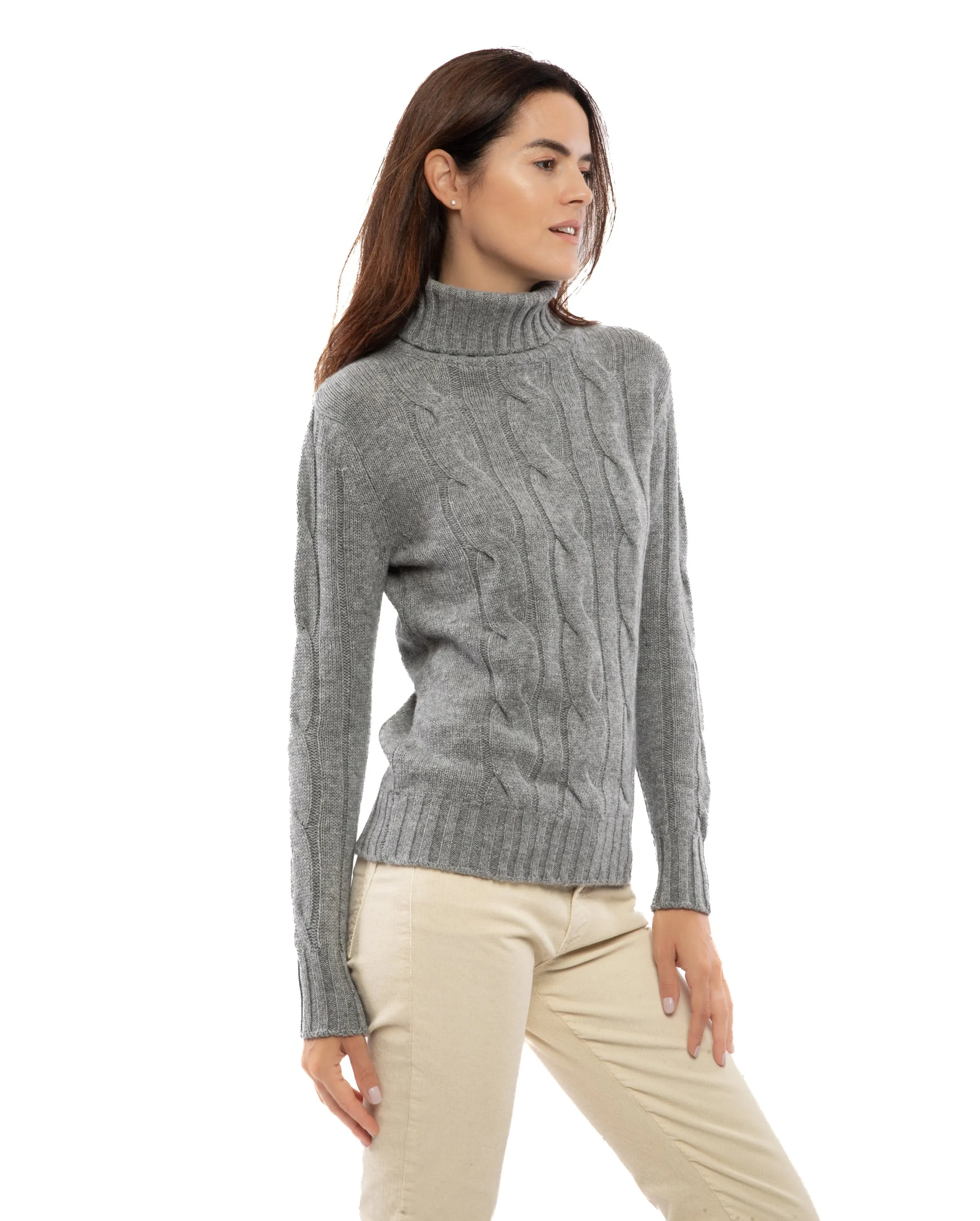 NEW FALL 24 - Women's Pure Cashmere Cable Knit Turtleneck Sweater Taupe