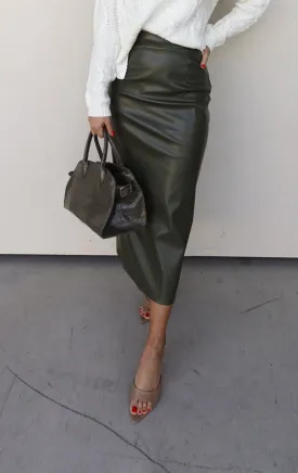 Olive Faux Leather Midi Skirt