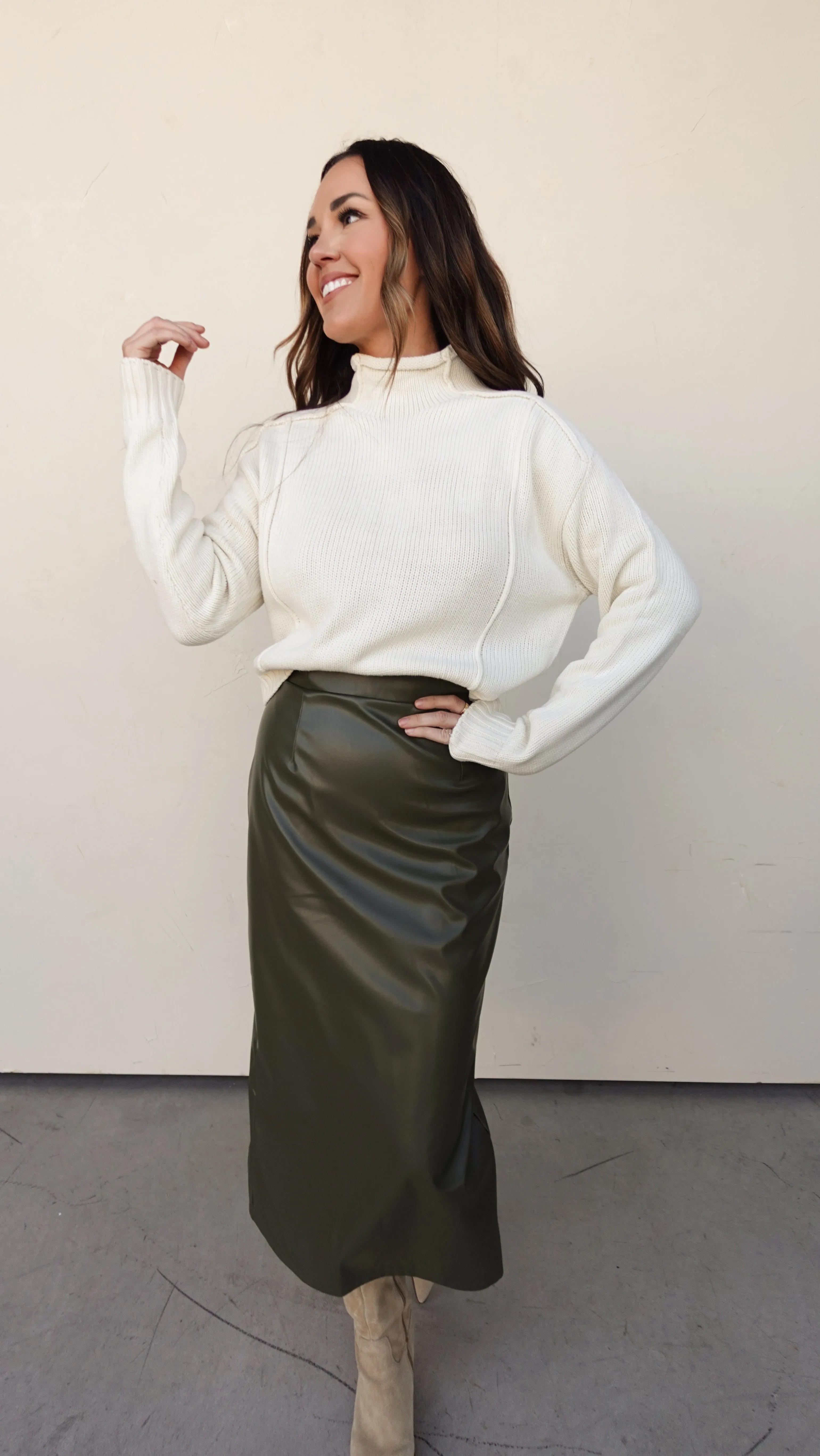 Olive Faux Leather Midi Skirt