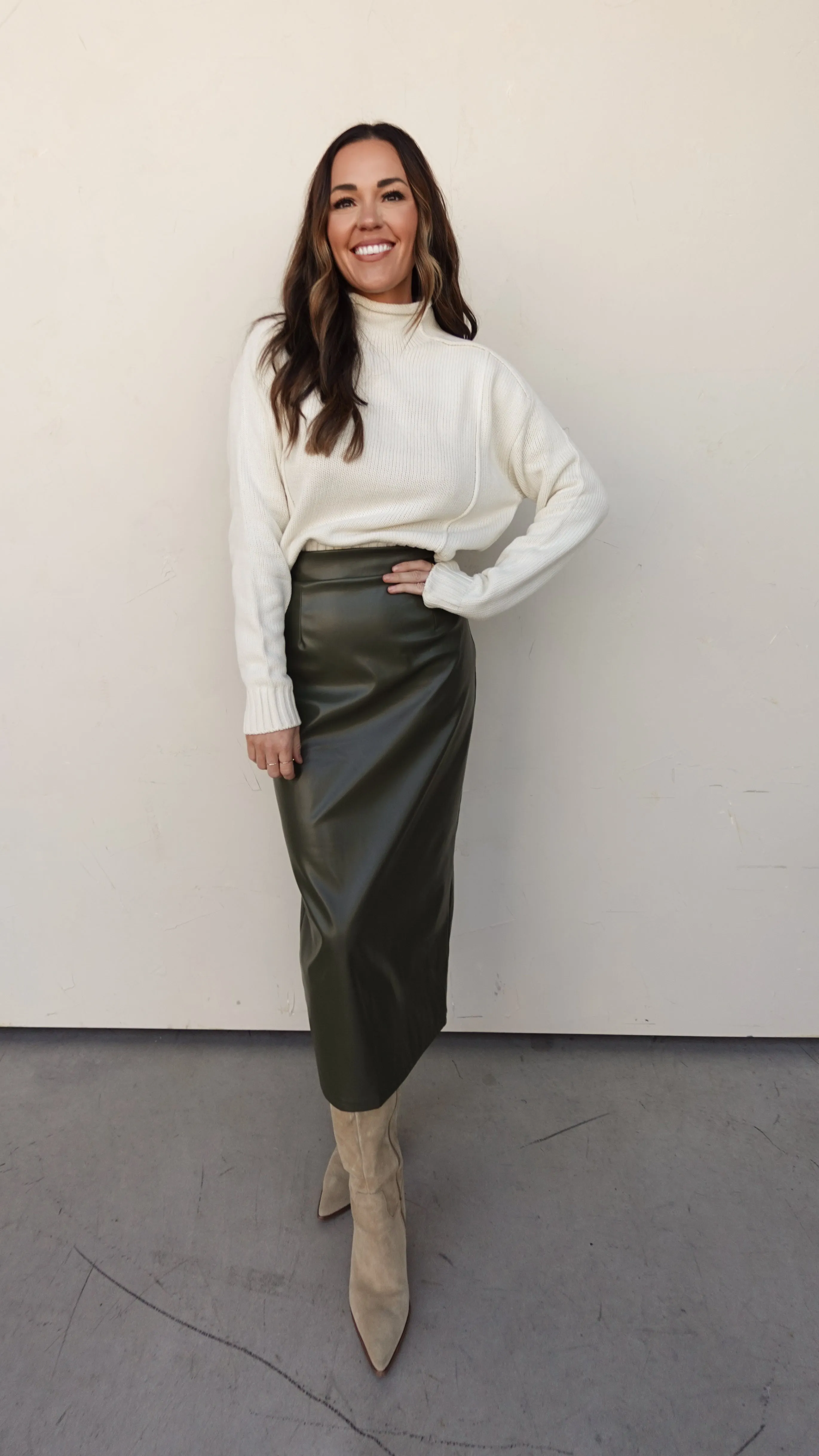 Olive Faux Leather Midi Skirt