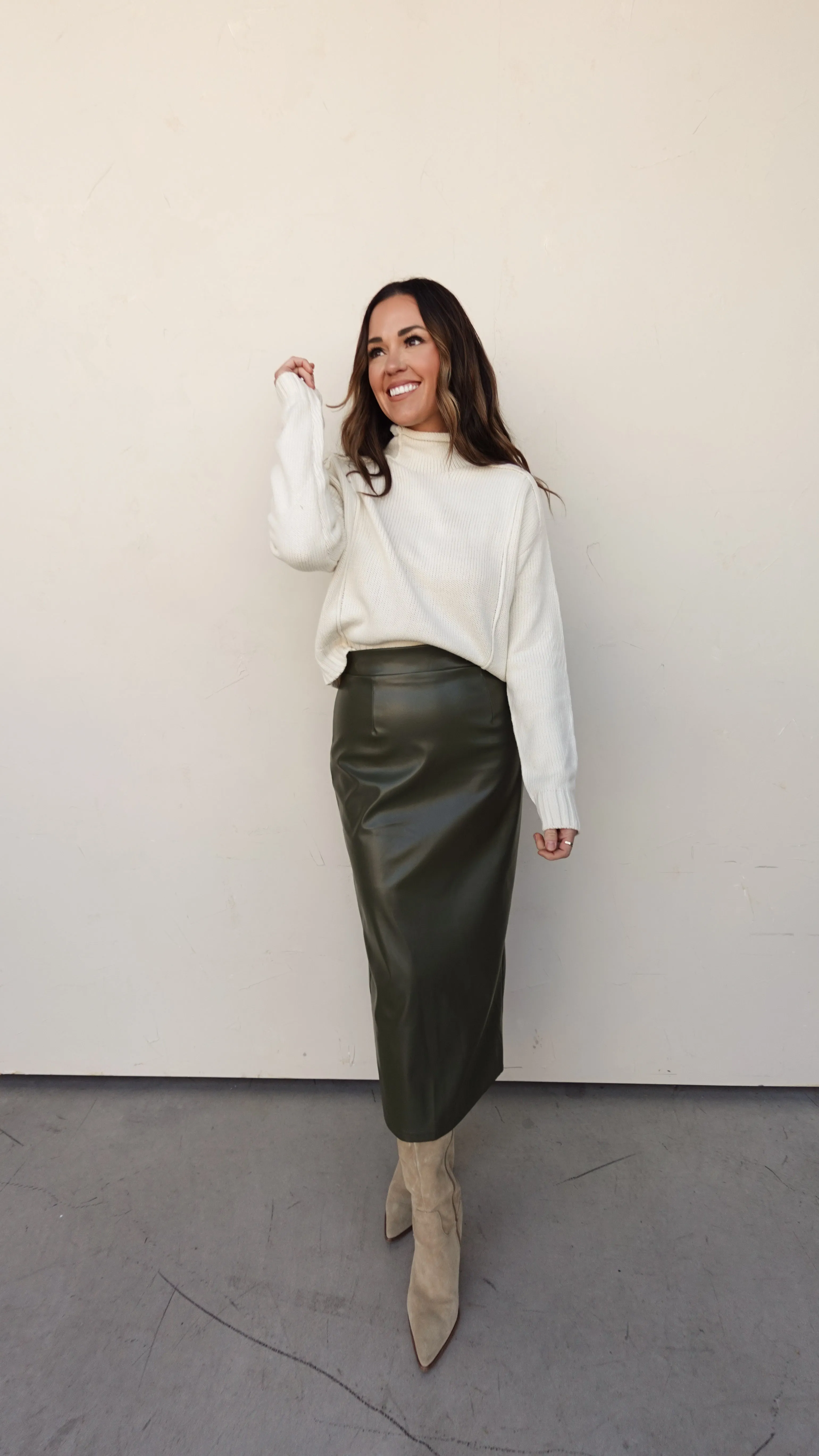 Olive Faux Leather Midi Skirt