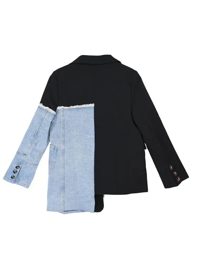 Patchwork Denim Blazers For Women Notched Collar Long Sleeve Loose Casual Spliced Button Blazer Female Fashion