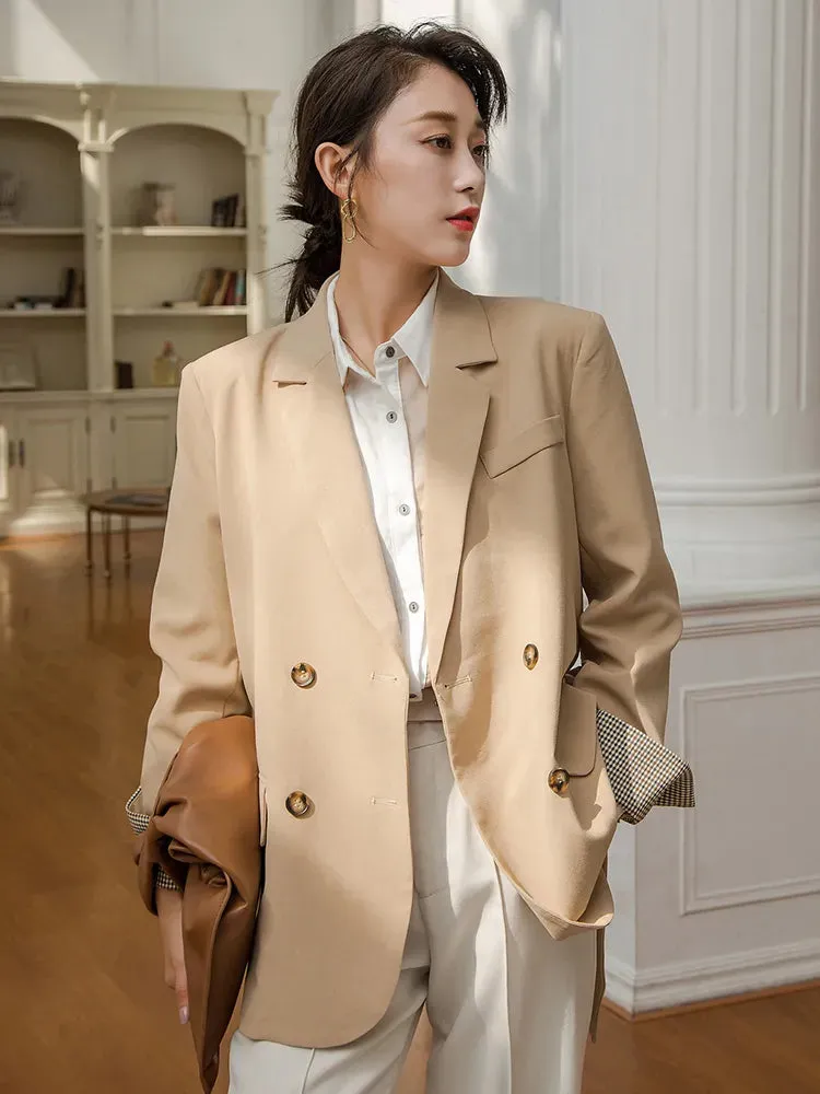 Patchwork Double Breasted Blazers For Women Notched Collar Long Sleeve Loose Casual Blazer Female Fashion Clothing