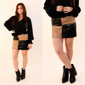 Second Glance Color Block Faux Leather Skirt in Black and Brown