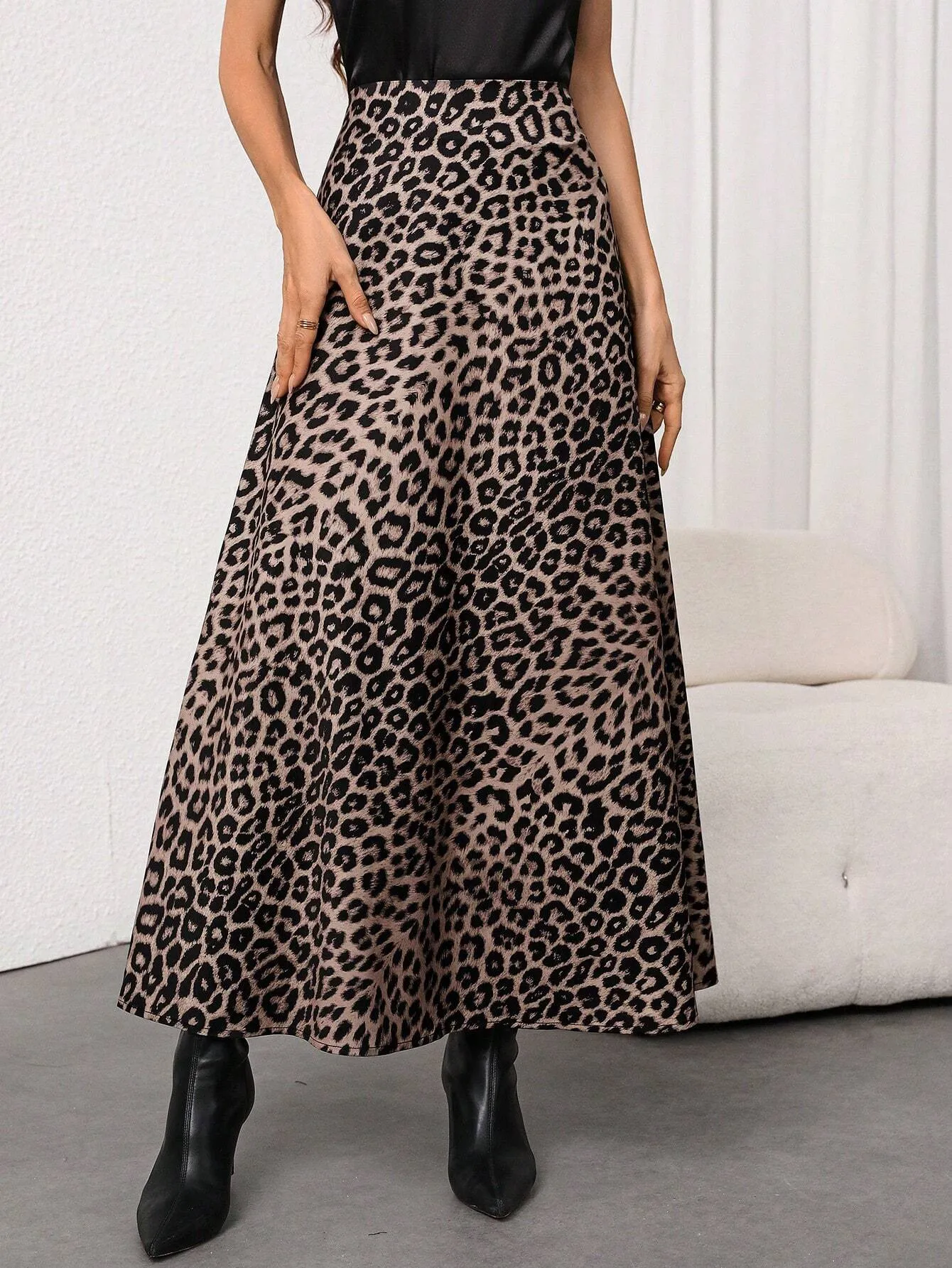 SHEIN Firerie Women's Elegant Leopard Print High Waist Satin Skirt