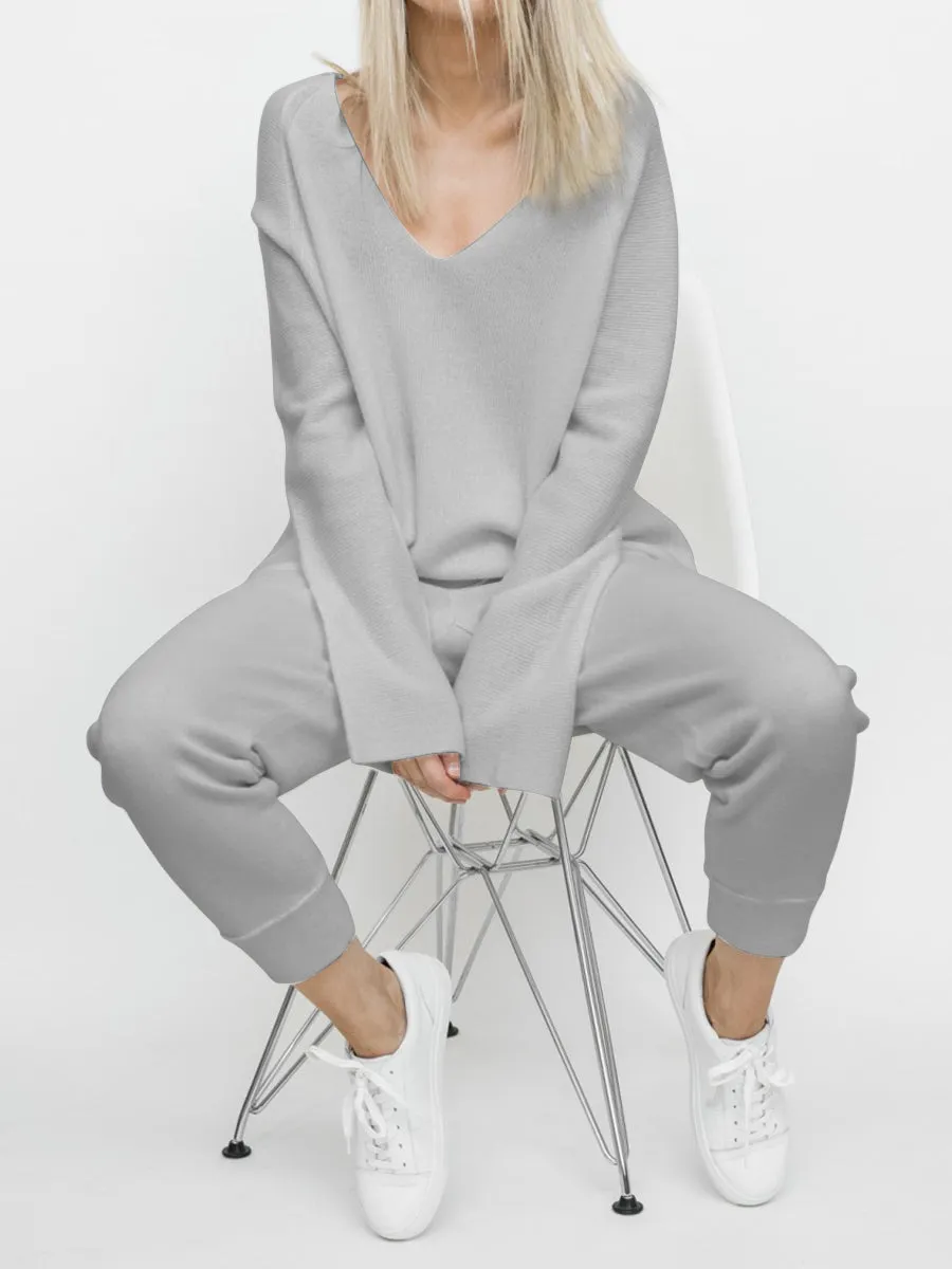 Simple Casual Loose Long Sleeve Top Pants Knitted Suit