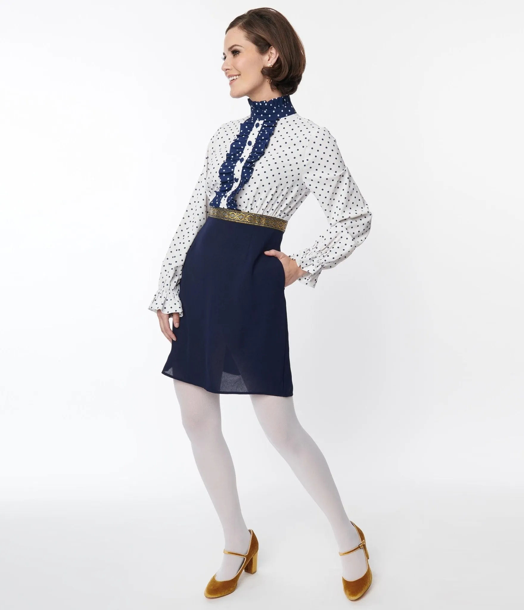 Smak Parlour White & Navy Ruffle Neck Empire A-Line Dress