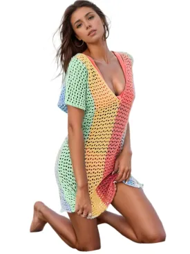 TEEK - Color Block V-Neck Short Sleeve Cover-Up