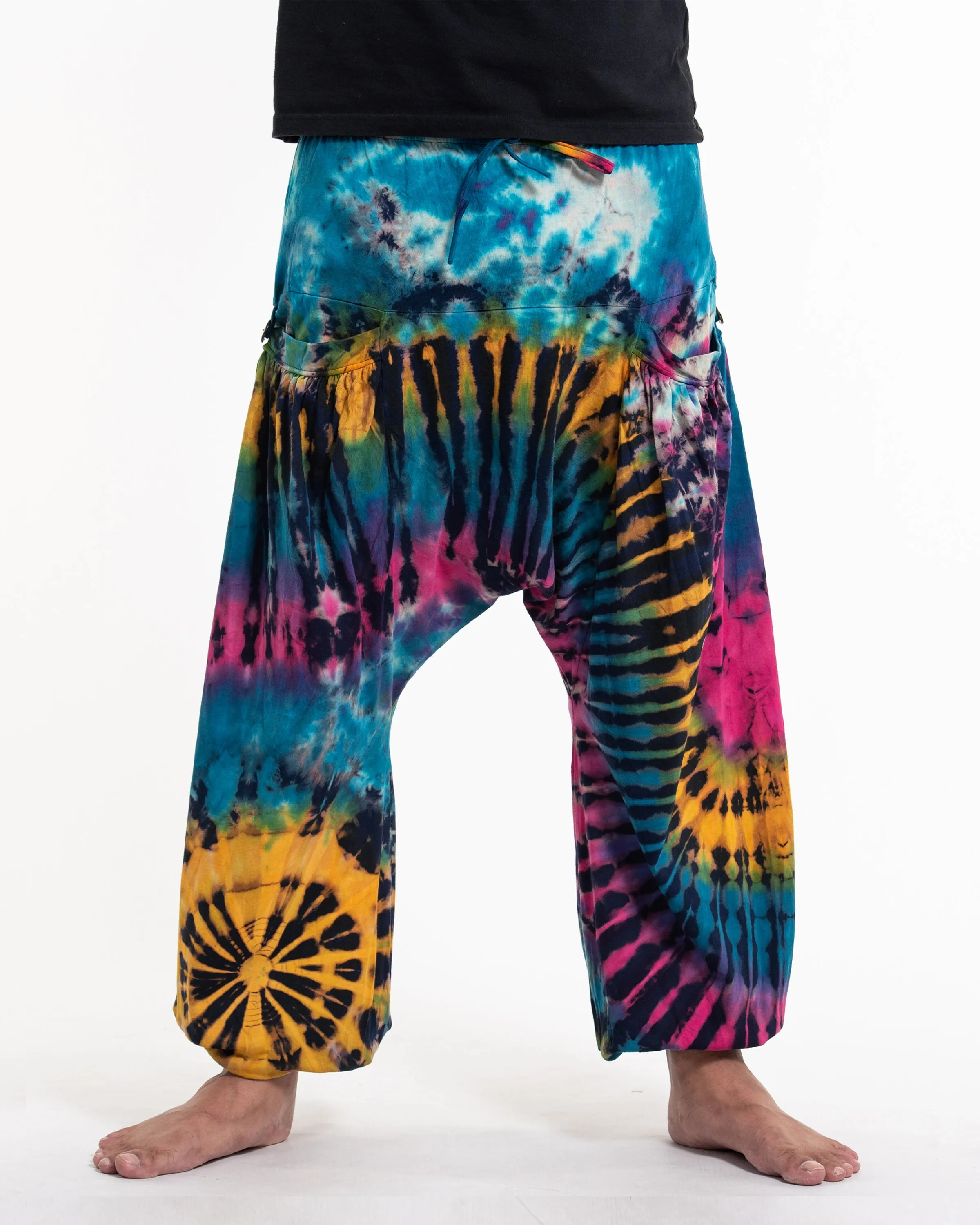 Unisex Tie Dye Cotton Harem Pants in Blue Yellow