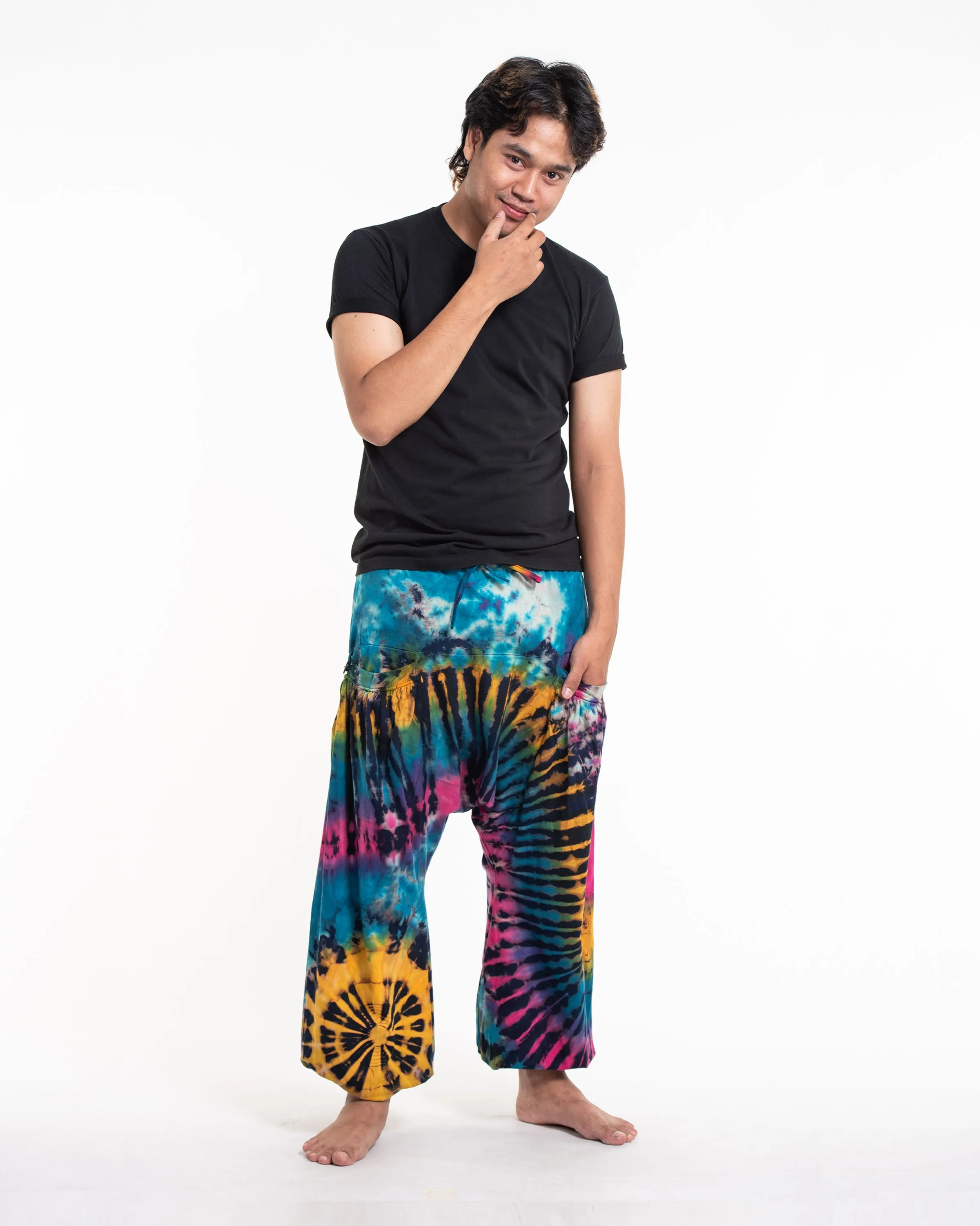 Unisex Tie Dye Cotton Harem Pants in Blue Yellow