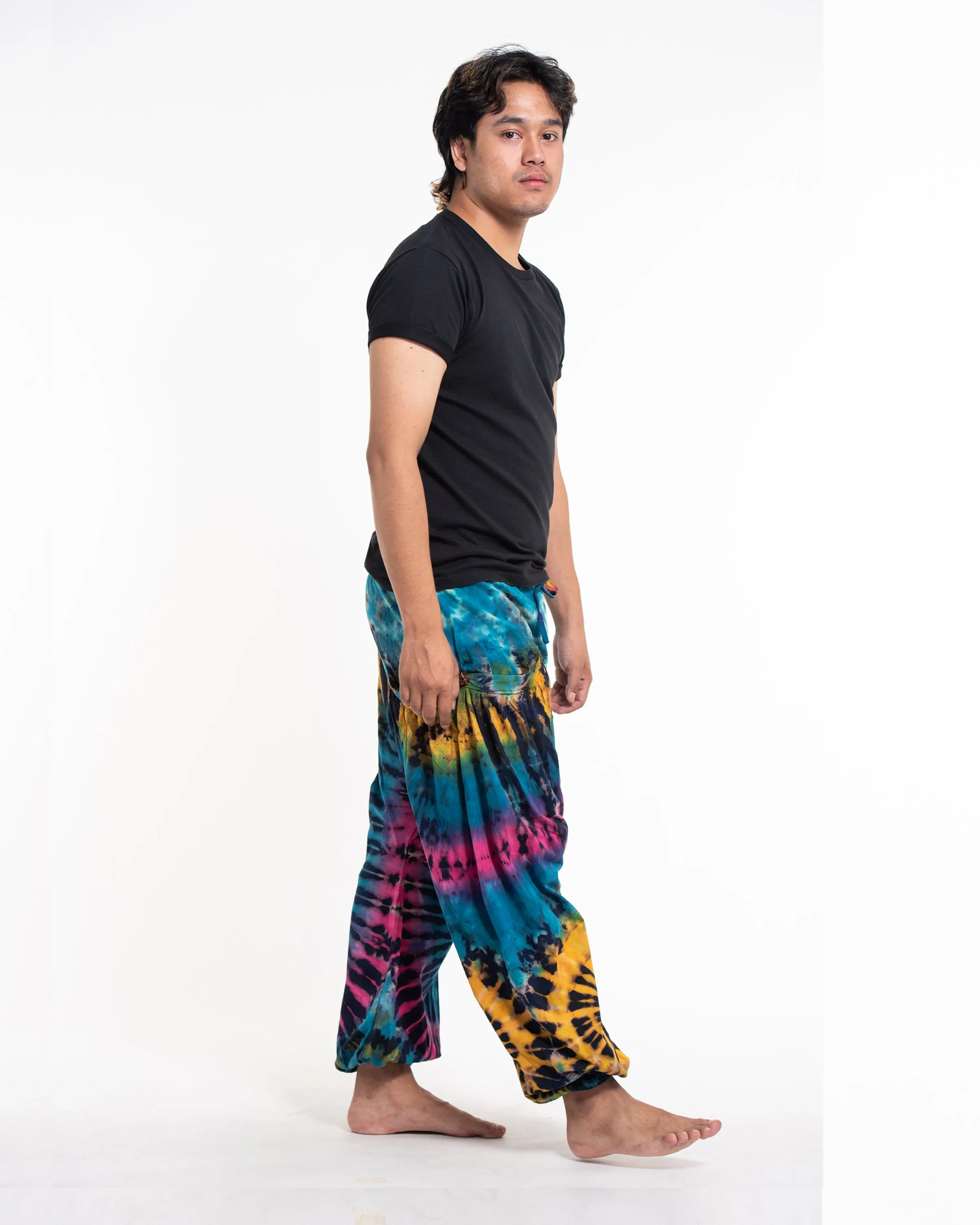 Unisex Tie Dye Cotton Harem Pants in Blue Yellow