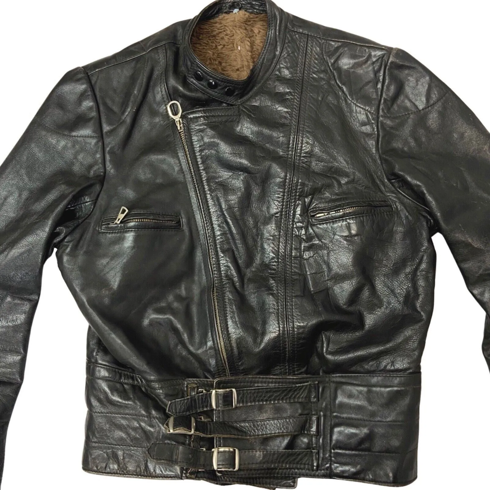 Vintage 1970s Black Fur Lined Biker Racing Leather Jacket M