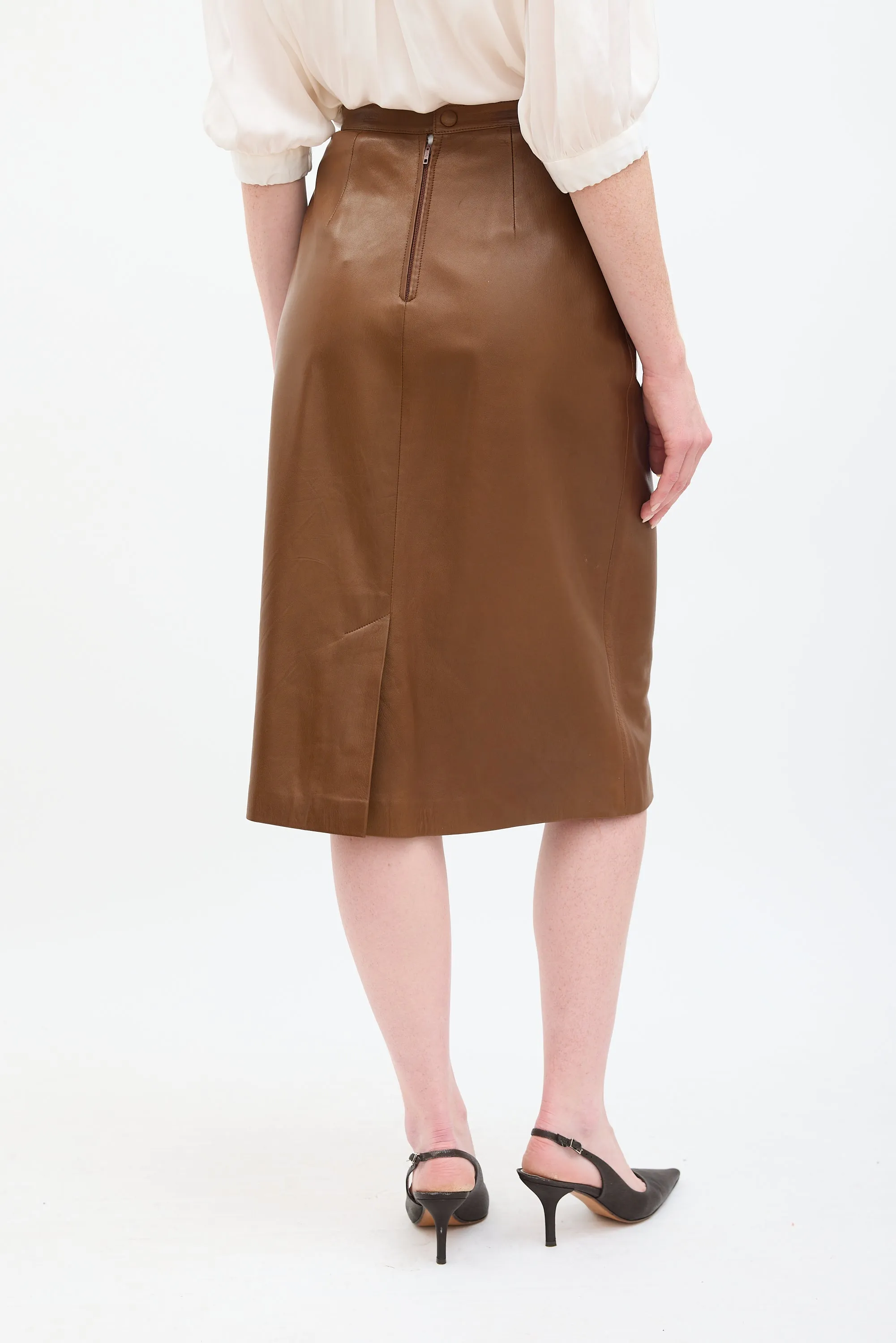 Vintage Brown Leather Midi Skirt