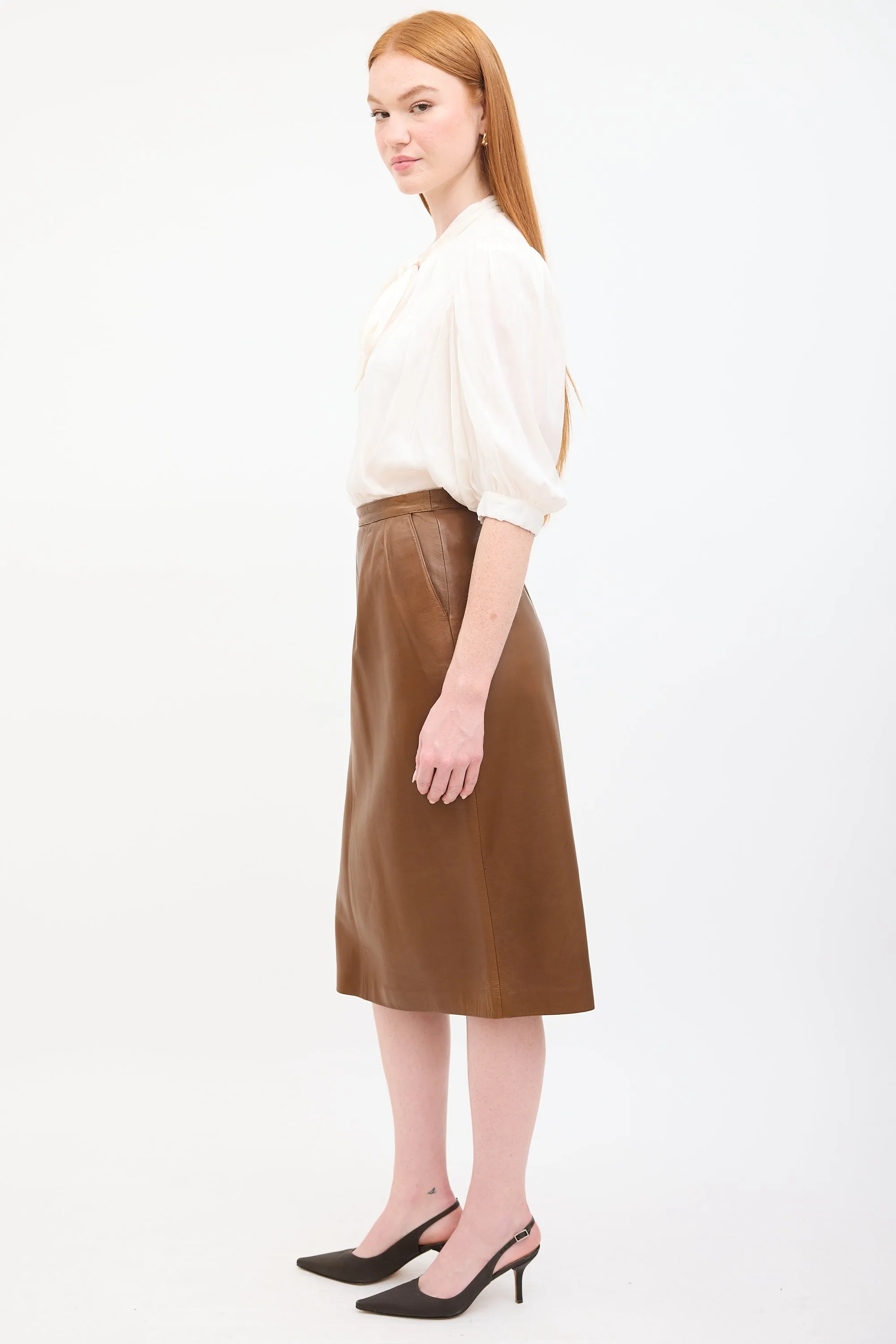 Vintage Brown Leather Midi Skirt