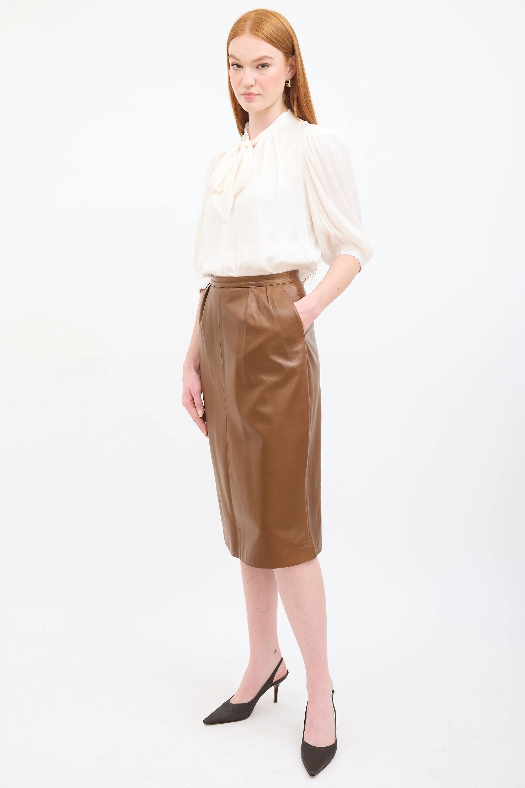 Vintage Brown Leather Midi Skirt