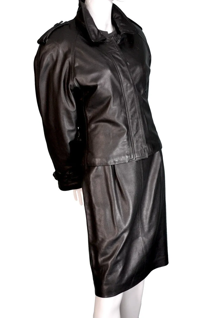 Vintage Ferragamo leather skirt suit with bomber jacket