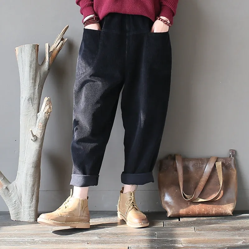 Winter Slacks Corduroy, Baggy Pocket Pants Elastic Waist Pants