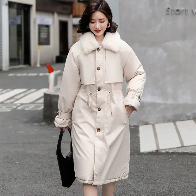 Wjczt winter new cotton clothes women&#39;s middle and long knee over Korean loose cotton jacket tooling Plush windbreaker