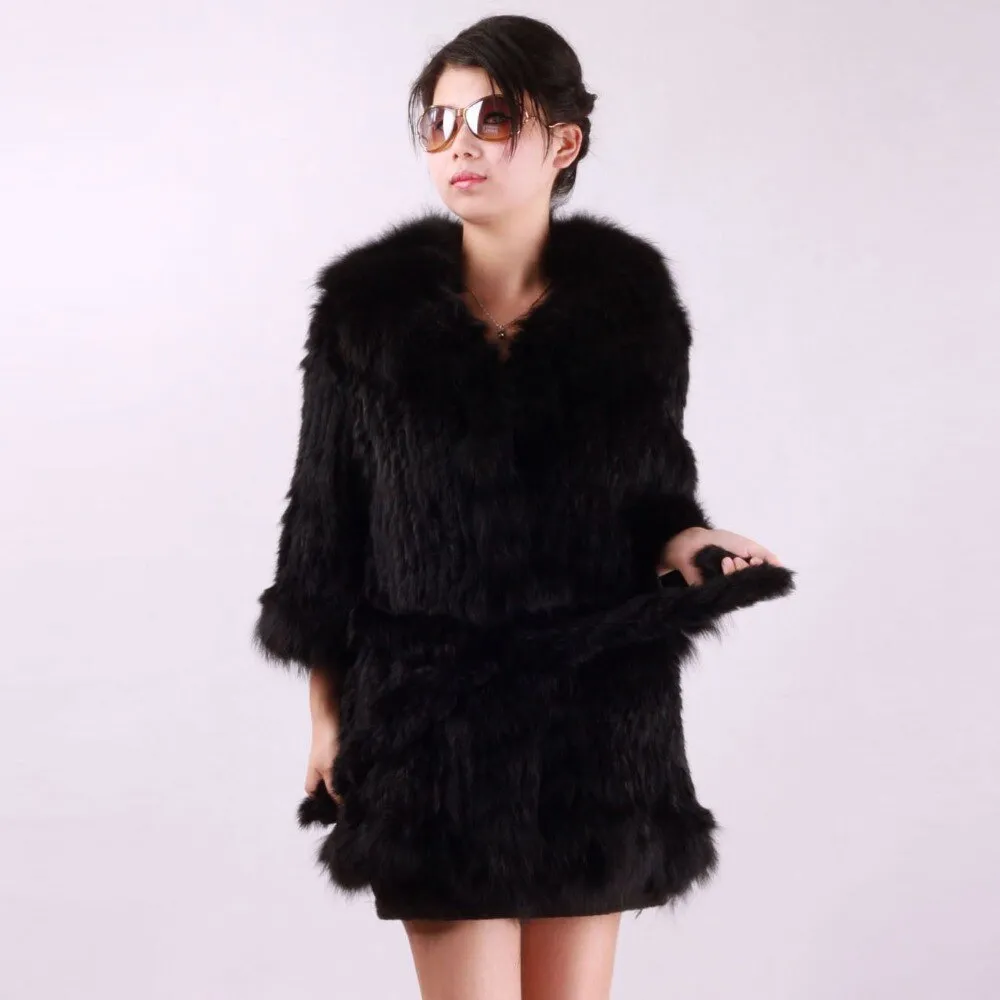 Woman's Real Fur Coat with Real Fox Fur collar Winter Jacket  Knitted Coats 010140