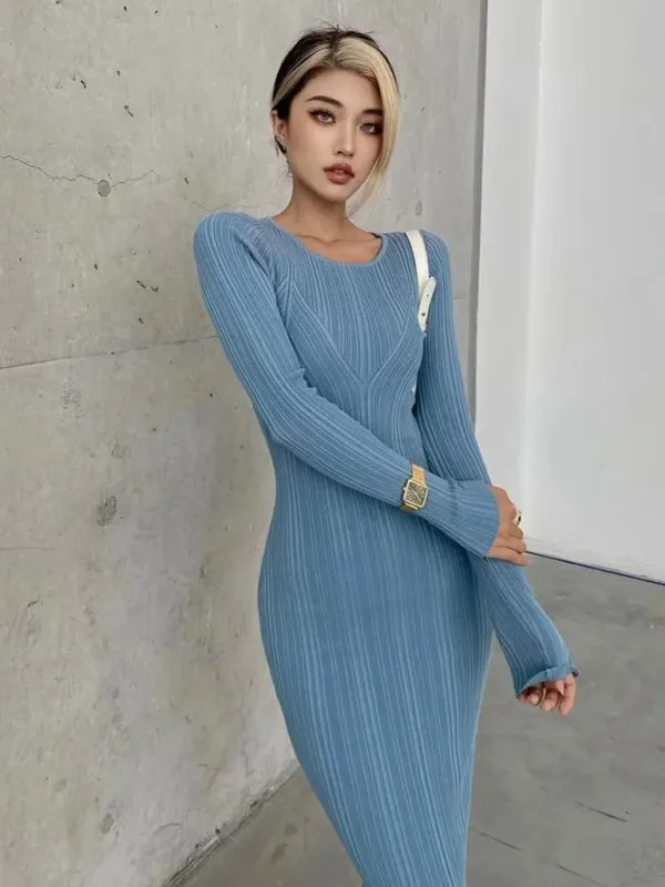 Women's Slim Fit Hip-covering Long Skirt Long Sleeve Knitted Dress